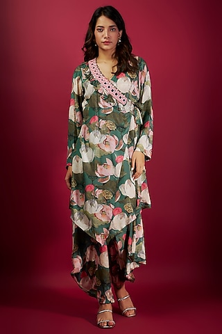 Teal Pure Muslin Mirror Embroidered & Floral Printed Tunic Set by Yogita Kadam