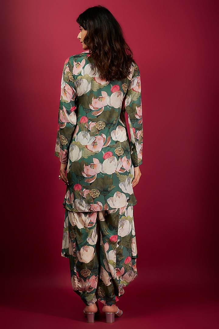 Teal Pure Muslin Mirror Embroidered & Floral Printed Tunic Set by Yogita Kadam at Pernia's Pop Up Shop