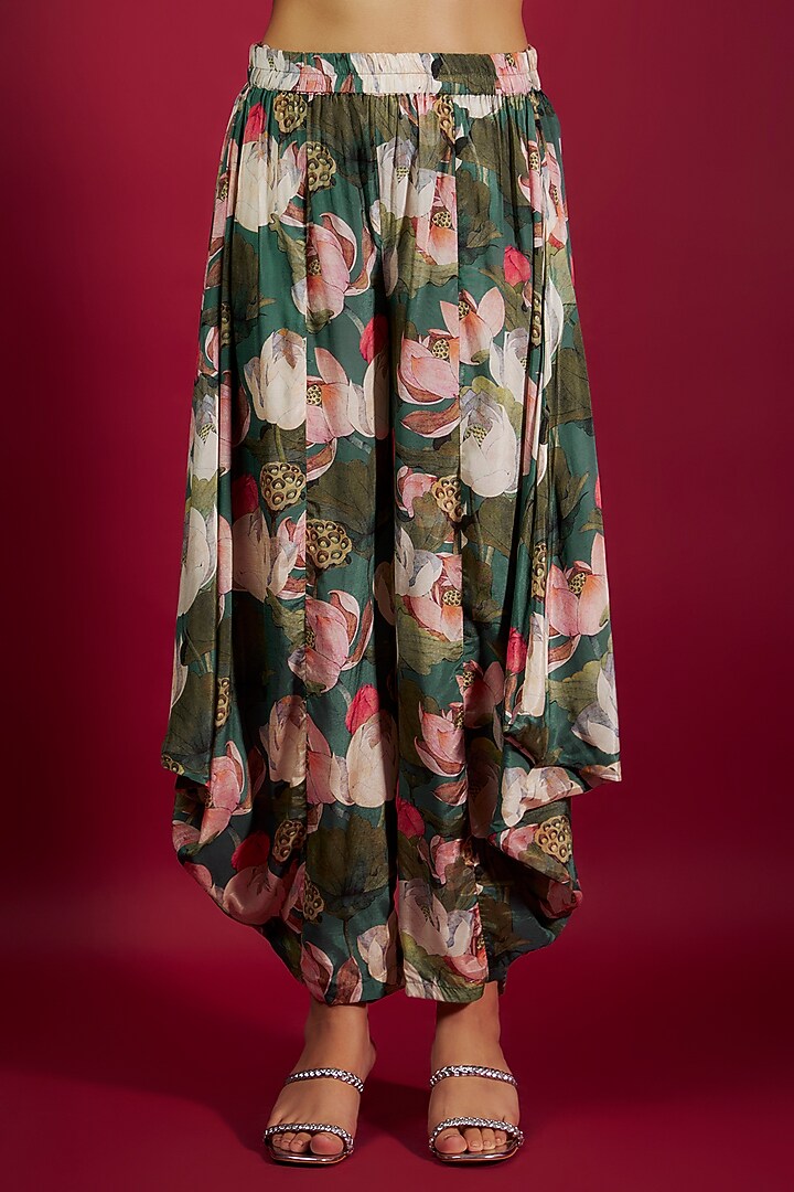 Teal Pure Muslin Mirror Embroidered & Floral Printed Tunic Set by Yogita Kadam at Pernia's Pop Up Shop