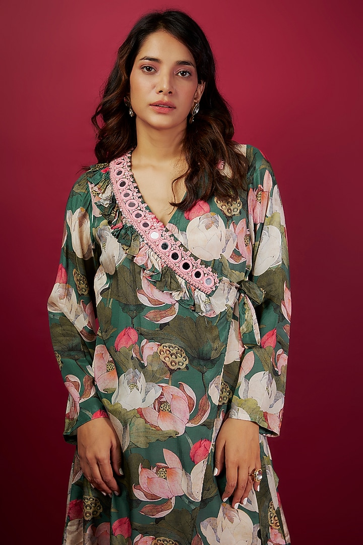 Teal Pure Muslin Mirror Embroidered & Floral Printed Tunic Set by Yogita Kadam at Pernia's Pop Up Shop