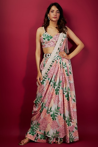 Pink Pure Muslin Printed & Embroidered Lehenga Set by Yogita Kadam
