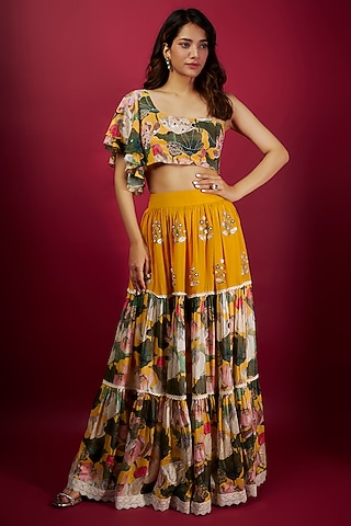 Yellow Pure Muslin Embroidered & Floral Printed Layered Lehenga Set by Yogita Kadam
