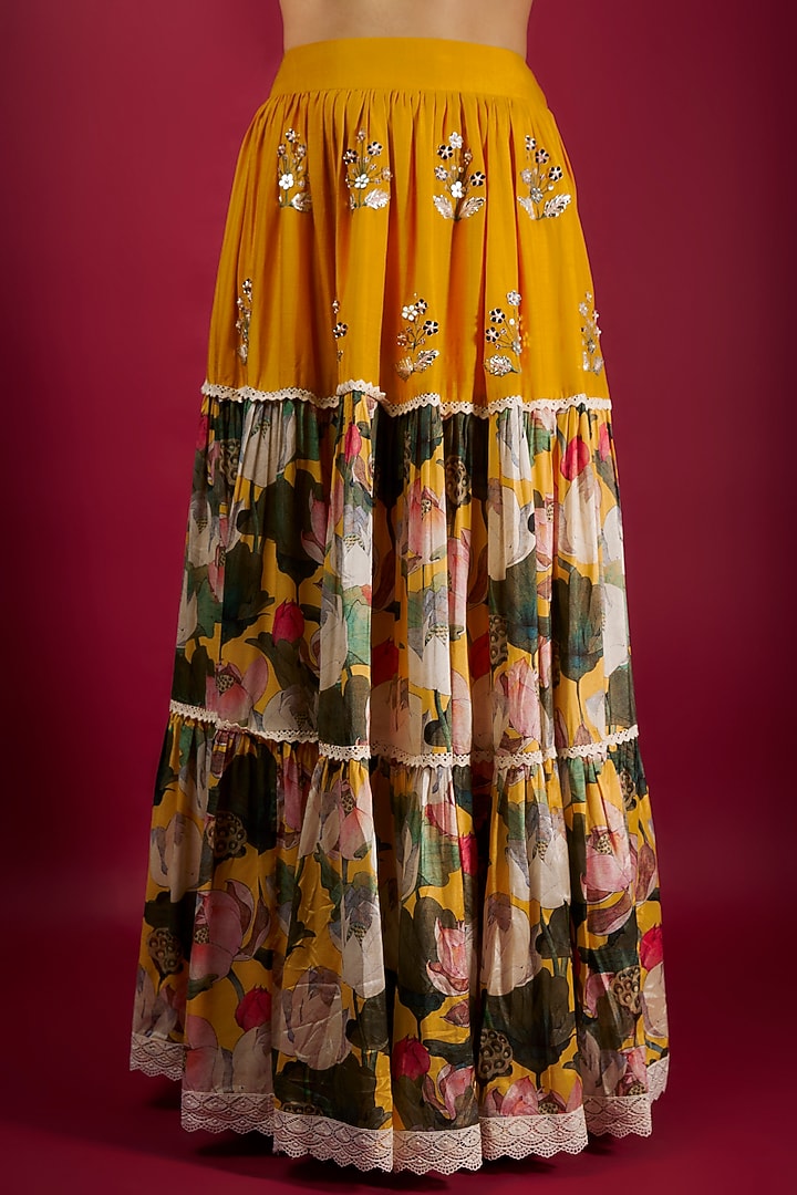 Yellow Pure Muslin Embroidered & Floral Printed Layered Lehenga Set by Yogita Kadam at Pernia's Pop Up Shop