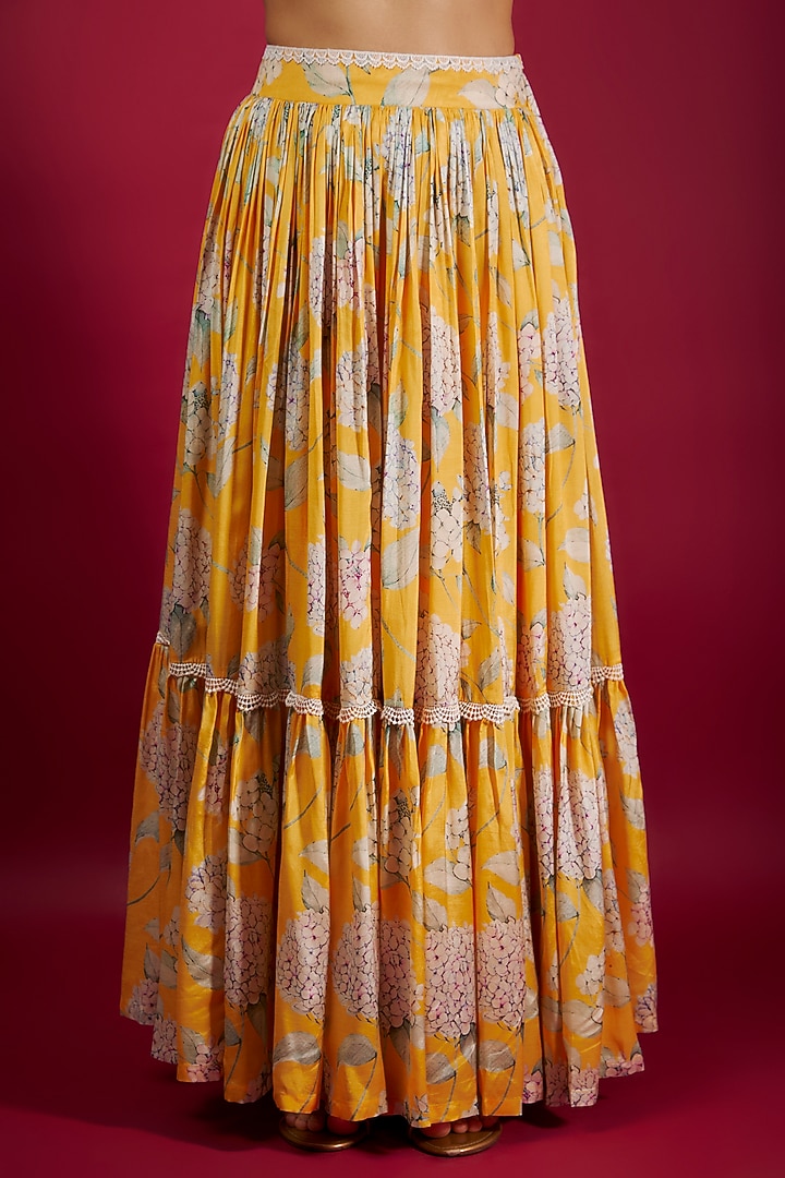 Yellow Pure Muslin Floral Printed Layered Wedding Lehenga Set by Yogita Kadam at Pernia's Pop Up Shop
