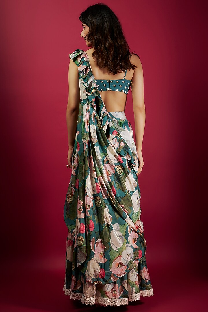 Teal Pure Muslin Floral Printed Layered Wedding Lehenga Set by Yogita Kadam at Pernia's Pop Up Shop