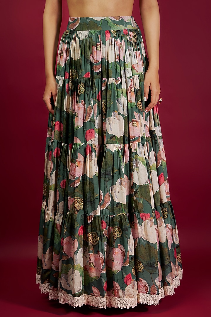 Teal Pure Muslin Floral Printed Layered Wedding Lehenga Set by Yogita Kadam at Pernia's Pop Up Shop