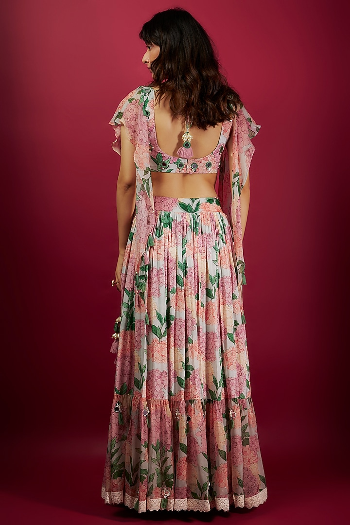 Pink Pure Muslin Mirror Embroidered & Floral Printed Layered Wedding Lehenga Set by Yogita Kadam at Pernia's Pop Up Shop