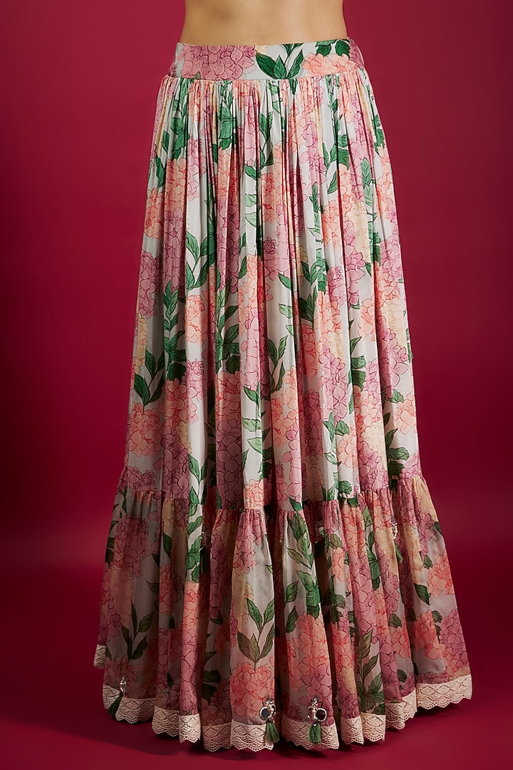 Pink Pure Muslin Mirror Embroidered & Floral Printed Layered Wedding Lehenga Set by Yogita Kadam at Pernia's Pop Up Shop