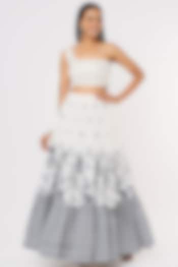 Off-White Embroidered & Printed Layered Lehenga Set by Yogita Kadam at Pernia's Pop Up Shop