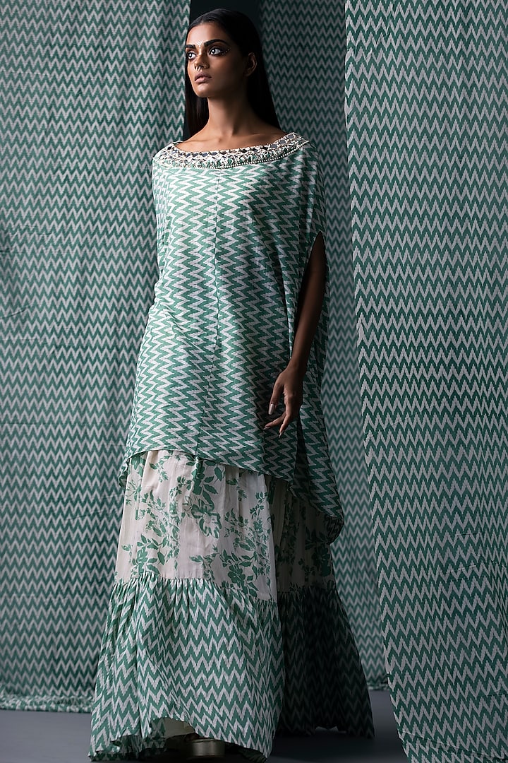 Green & Off White Printed Skirt Set by Yogita Kadam