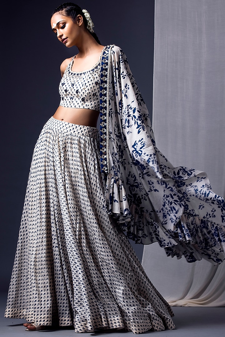 Blue & Off White Printed Wedding Lehenga Set by Yogita Kadam at Pernia's Pop Up Shop
