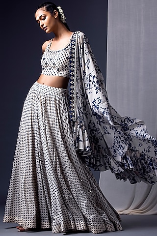 Blue & Off White Printed Lehenga Set by Yogita Kadam