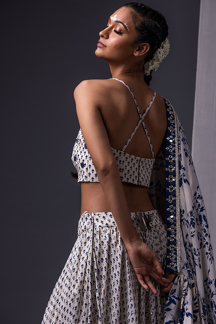 Blue & Off White Printed Wedding Lehenga Set by Yogita Kadam at Pernia's Pop Up Shop