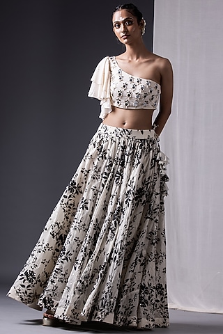 Black & Off White Cotton Printed Lehenga Set by Yogita Kadam
