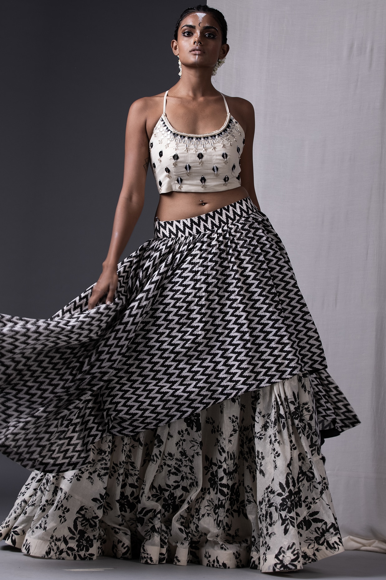 Black Off White Printed Layered Lehenga Set by Yogita Kadam at Pernia s Pop Up Shop 2024