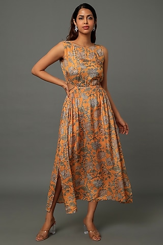 Yellow Printed Midi Dress. by Yogita Kadam
