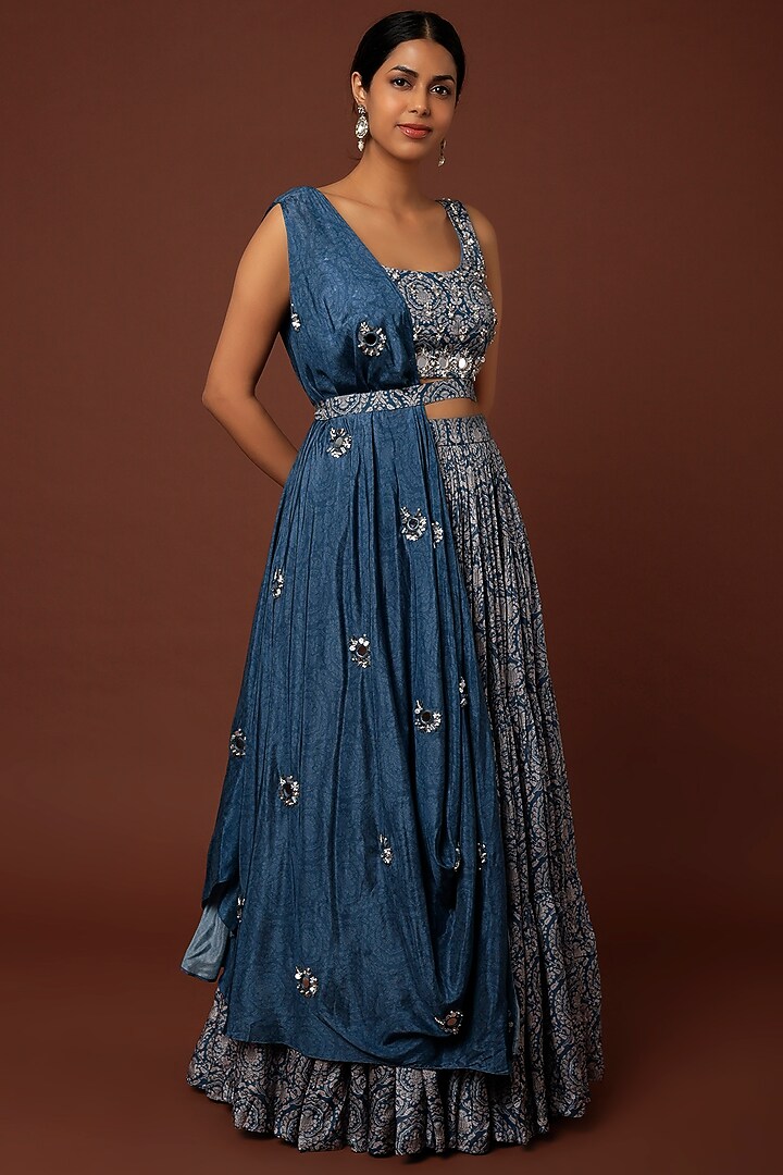 Cobalt Blue Embroidered Skirt Set For Girls by Yogita Kadam- Kids at Pernia's Pop Up Shop