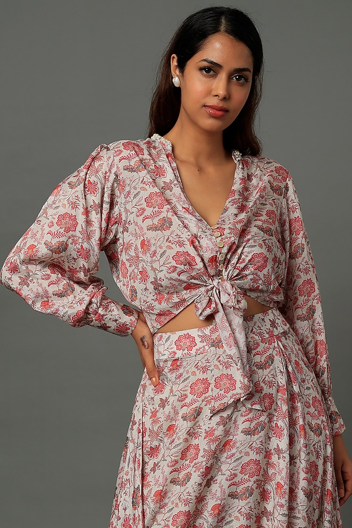 Red & Off White Muslin Printed Skirt Set For Girls by Yogita Kadam- Kids at Pernia's Pop Up Shop
