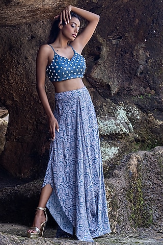 Cobalt Blue Printed Skirt Set For Girls by Yogita Kadam- Kids