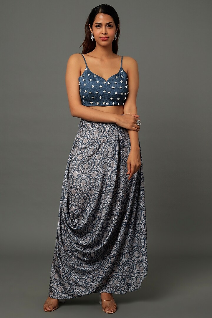Cobalt Blue Printed Skirt Set For Girls by Yogita Kadam- Kids at Pernia's Pop Up Shop
