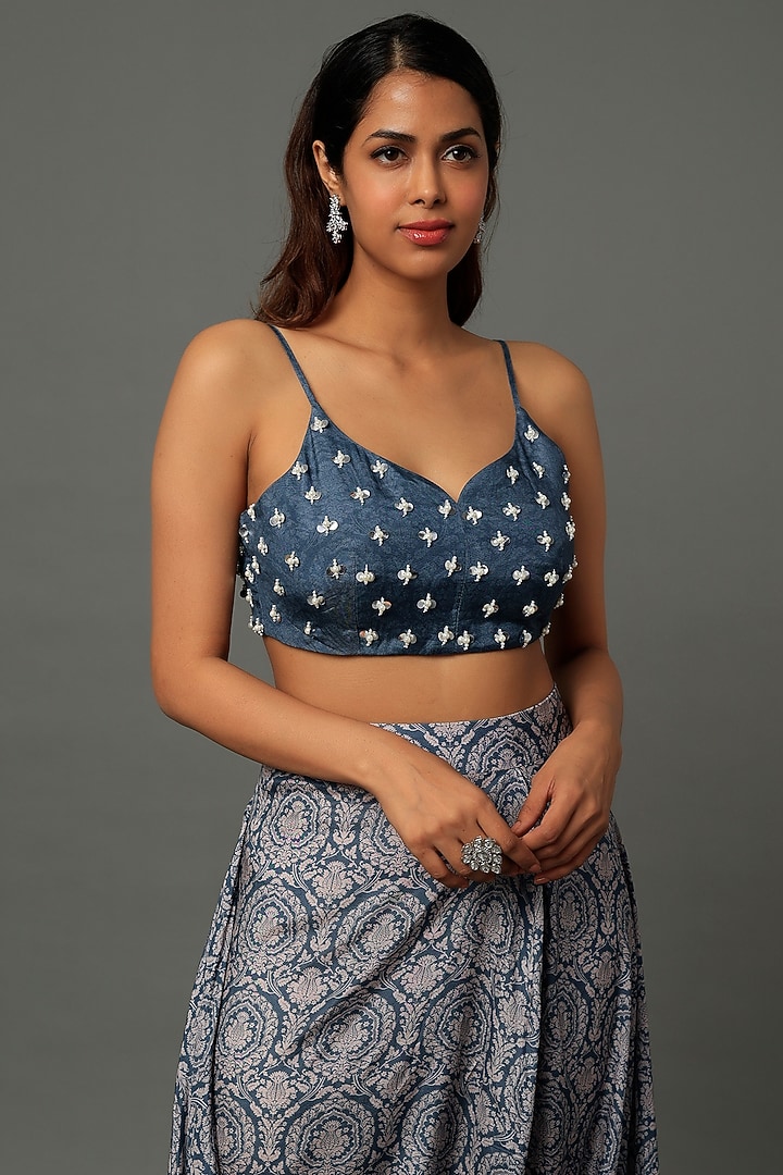 Cobalt Blue Printed Skirt Set For Girls by Yogita Kadam- Kids at Pernia's Pop Up Shop