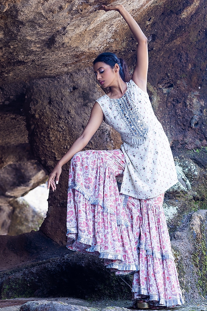 Red Muslin Layered Sharara Set For Girls by Yogita Kadam- Kids at Pernia's Pop Up Shop