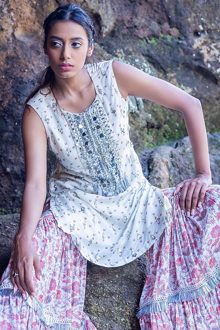 Red Muslin Layered Sharara Set For Girls by Yogita Kadam- Kids at Pernia's Pop Up Shop