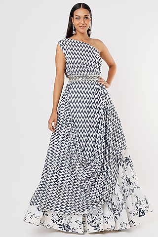 Off-White & Cobalt Blue Printed Lehenga Set For Girls by Yogita Kadam- Kids