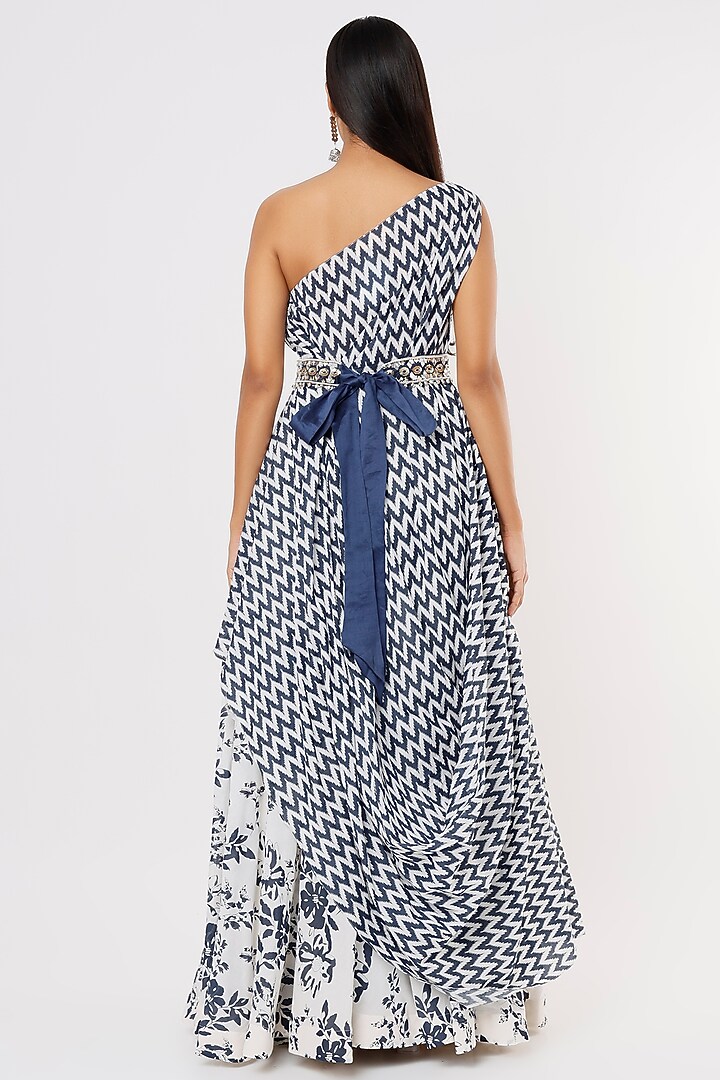 Off-White & Cobalt Blue Printed Lehenga Set For Girls by Yogita Kadam- Kids at Pernia's Pop Up Shop