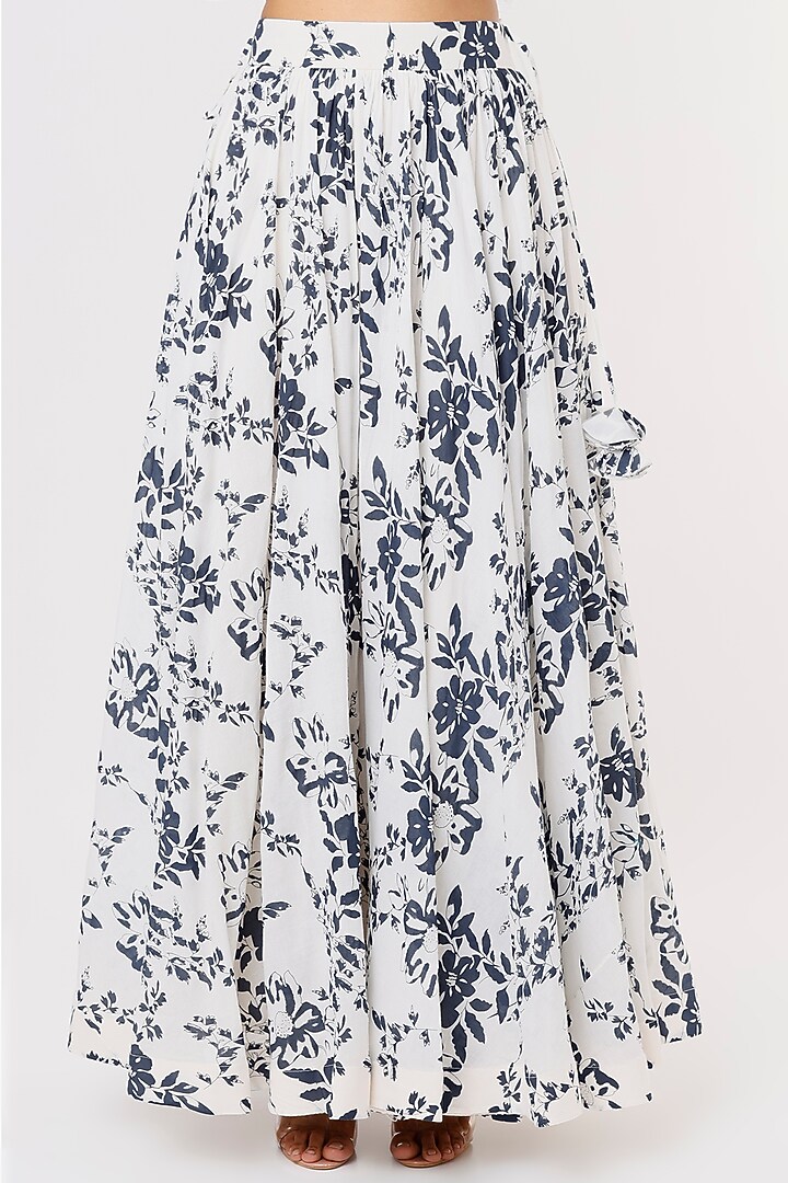 Off-White & Cobalt Blue Printed Lehenga Set For Girls by Yogita Kadam- Kids at Pernia's Pop Up Shop