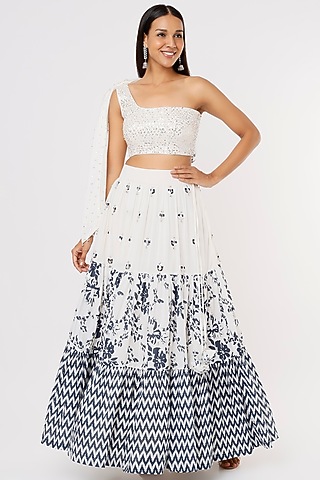 Off-White Embroidered & Printed Layered Lehenga Set For Girls by Yogita Kadam- Kids
