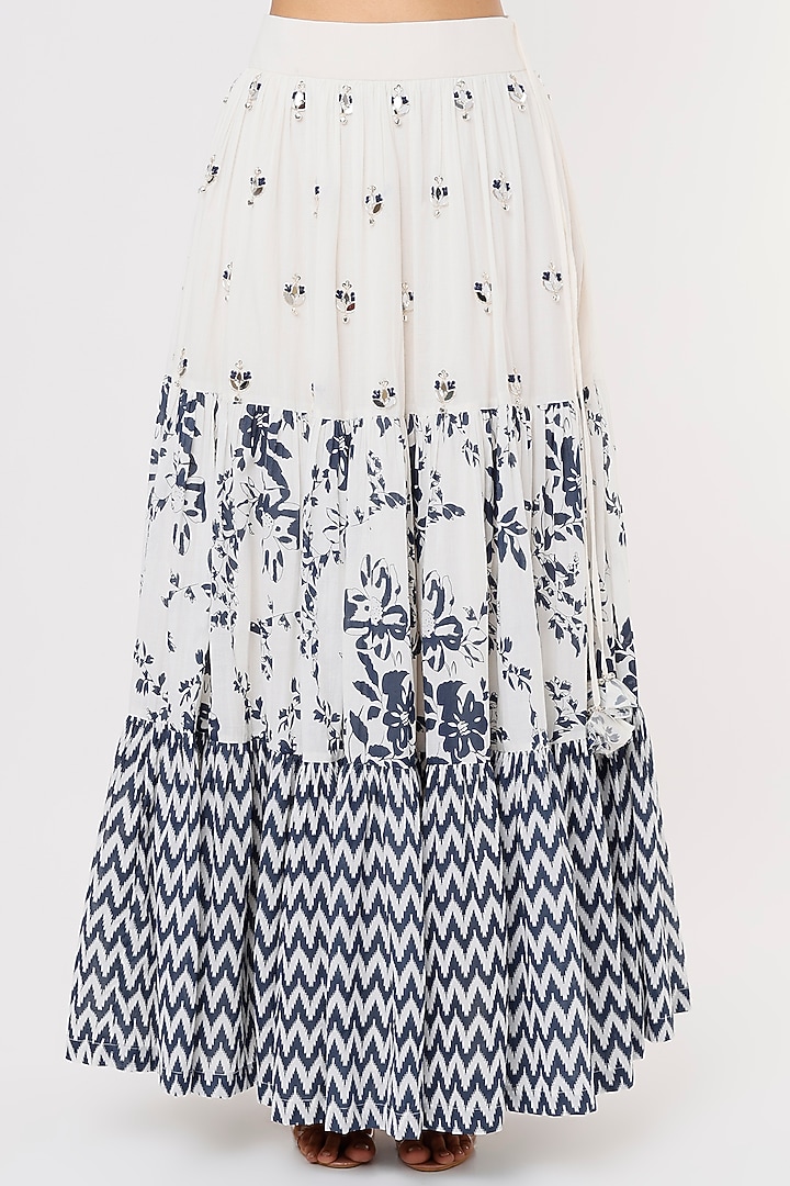 Off-White Embroidered & Printed Layered Lehenga Set For Girls by Yogita Kadam- Kids at Pernia's Pop Up Shop