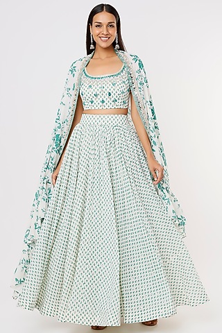 Mint & Off-White Embroidered & Printed Lehenga Set For Girls by Yogita Kadam- Kids