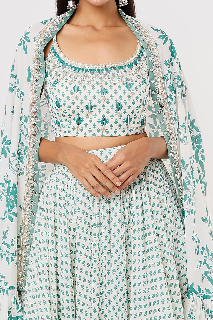 Mint & Off-White Embroidered & Printed Lehenga Set For Girls by Yogita Kadam- Kids at Pernia's Pop Up Shop