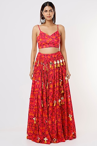 Pink Printed Lehenga Set For Girls by Yogita Kadam- Kids