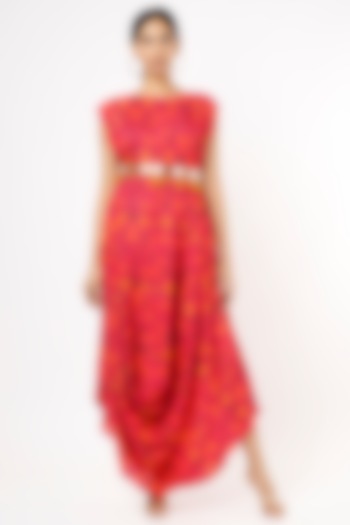 Pink Muslin Printed Cowl Dress For Girls by Yogita Kadam- Kids