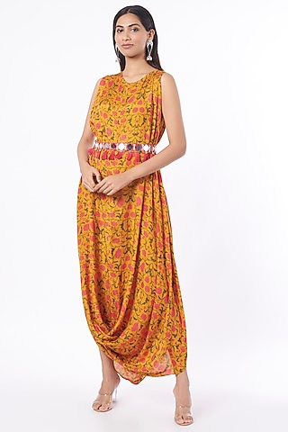 Yellow Printed Cowl Dress For Girls With Belt by Yogita Kadam- Kids