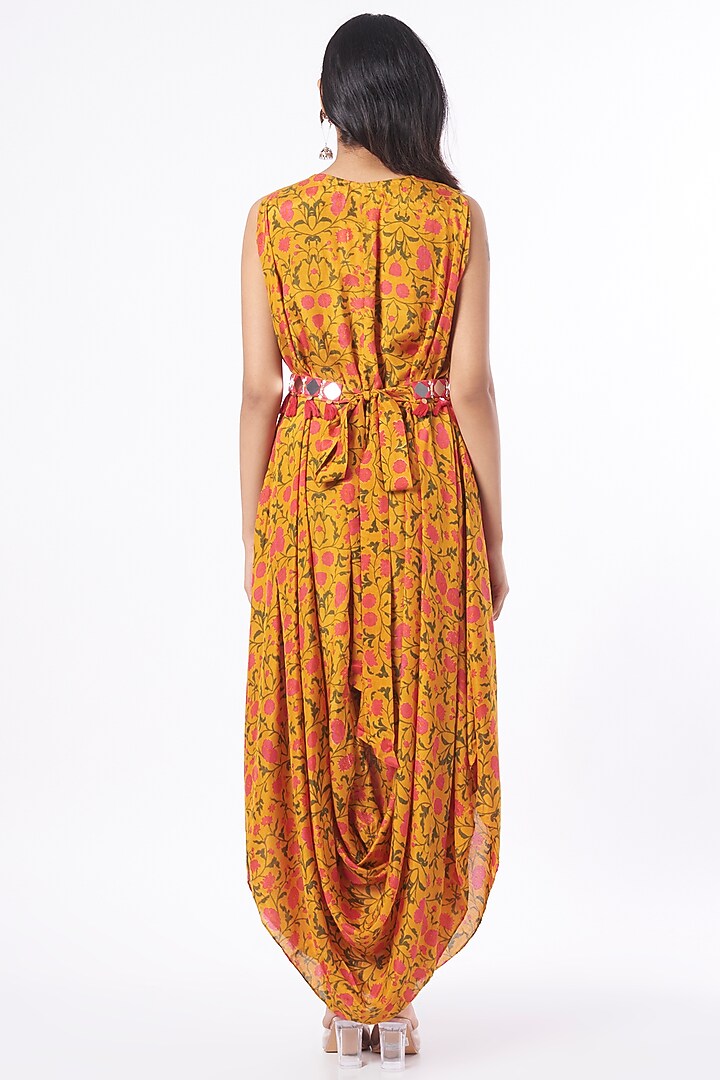 Yellow Printed Cowl Dress For Girls With Belt by Yogita Kadam- Kids at Pernia's Pop Up Shop