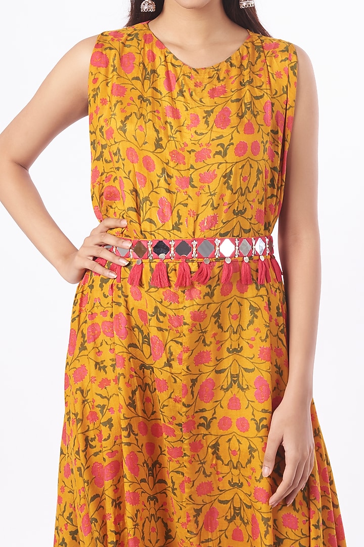 Yellow Printed Cowl Dress For Girls With Belt by Yogita Kadam- Kids at Pernia's Pop Up Shop