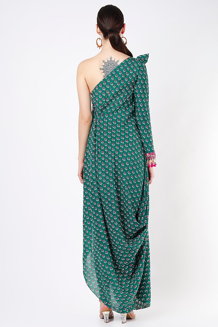 Ink Green Printed One-shoulder Cowl Dress For Girls by Yogita Kadam- Kids at Pernia's Pop Up Shop