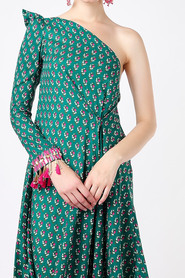 Ink Green Printed One-shoulder Cowl Dress For Girls by Yogita Kadam- Kids at Pernia's Pop Up Shop