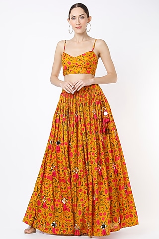 Spectra Yellow Printed & Embroidered Lehenga Set For Girls by Yogita Kadam- Kids