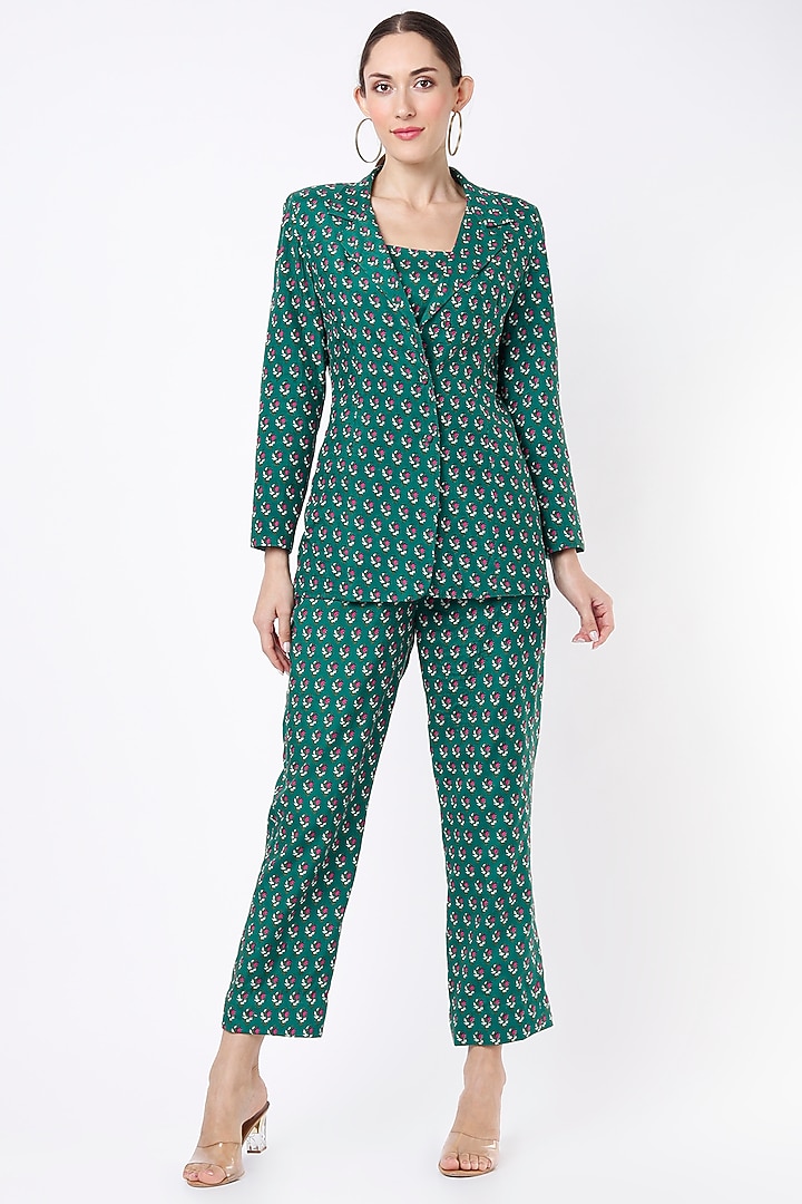 Shamrock Green Printed Blazer Set For Girls by Yogita Kadam- Kids at Pernia's Pop Up Shop