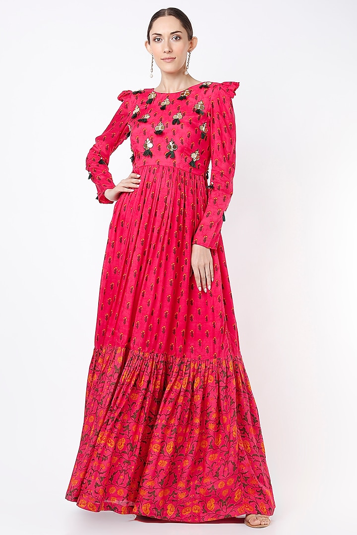 Reddish-Pink Printed & Embroidered Maxi Dress For Girls by Yogita Kadam- Kids