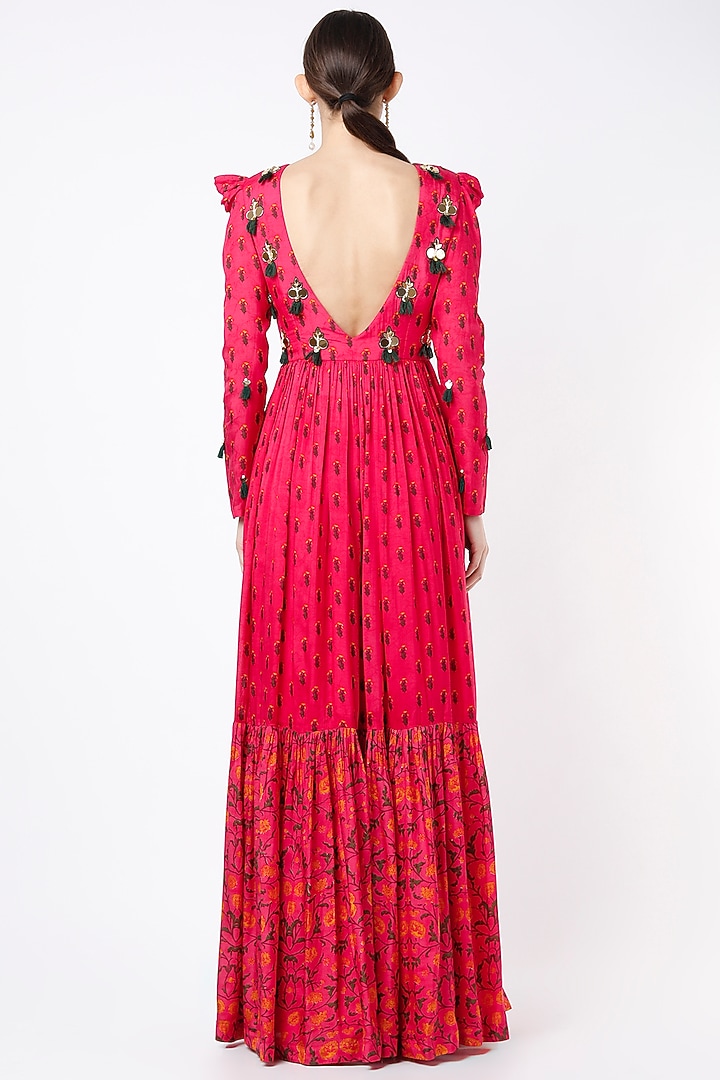 Reddish-Pink Printed & Embroidered Maxi Dress For Girls by Yogita Kadam- Kids at Pernia's Pop Up Shop