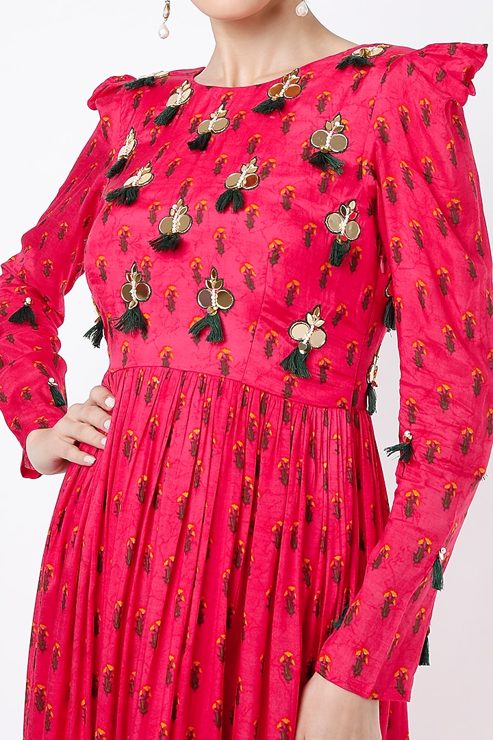 Reddish-Pink Printed & Embroidered Maxi Dress For Girls by Yogita Kadam- Kids at Pernia's Pop Up Shop