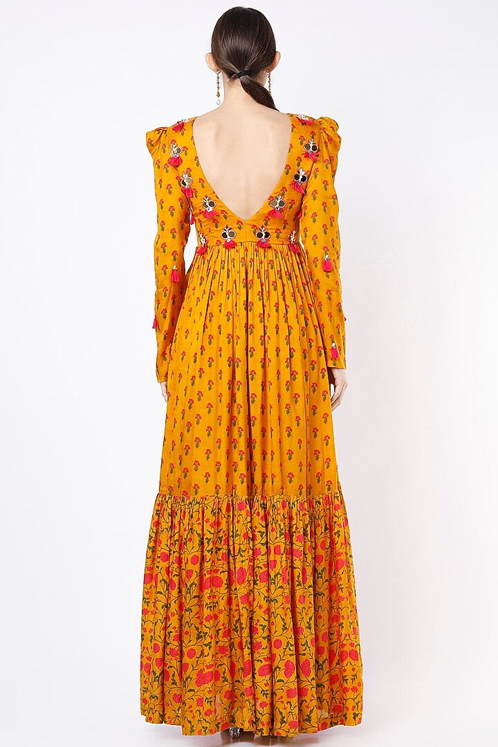 Spectra Yellow Printed & Embroidered Maxi Dress For Girls by Yogita Kadam- Kids at Pernia's Pop Up Shop