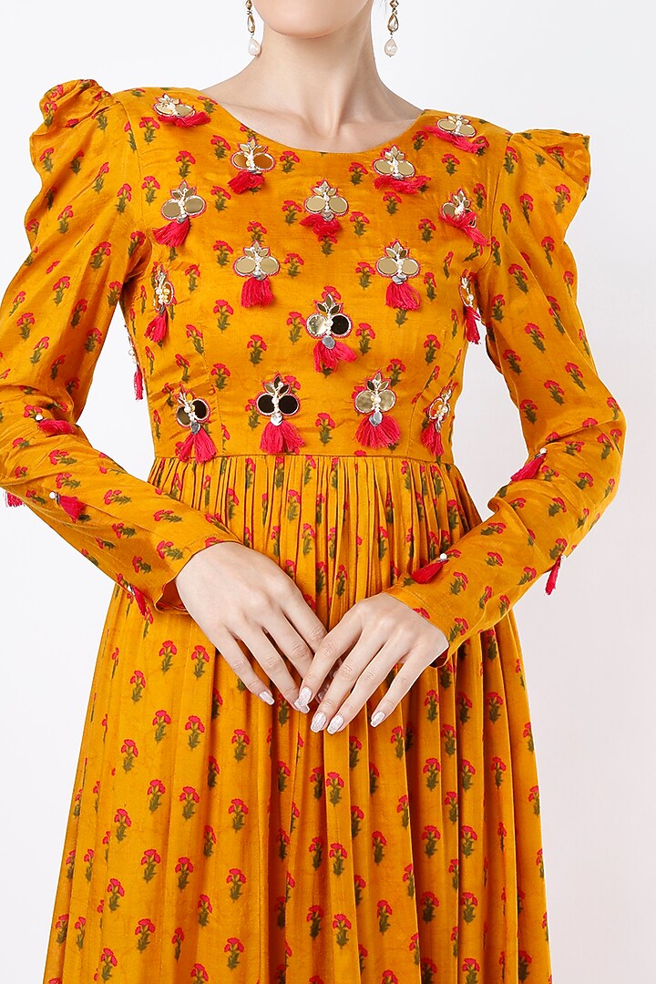 Spectra Yellow Printed & Embroidered Maxi Dress For Girls by Yogita Kadam- Kids at Pernia's Pop Up Shop