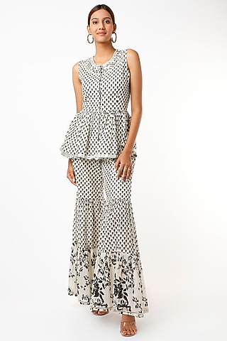 Off-White & Black Floral Printed Sharara Set For Girls by Yogita Kadam- Kids