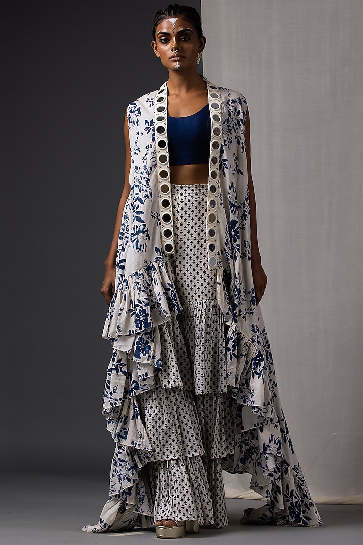 Blue & Off White Printed Sharara Set For Girls by Yogita Kadam- Kids at Pernia's Pop Up Shop
